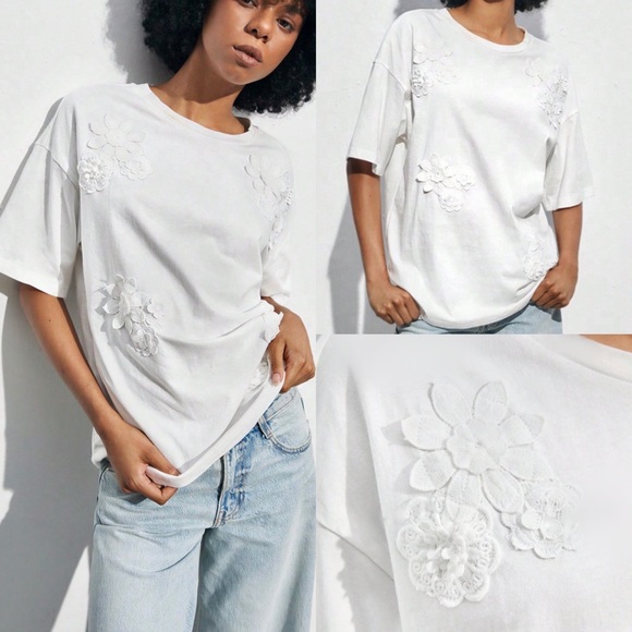 Tops - Oversized White floral embroidered 3D flower appliqué lace T-shirt